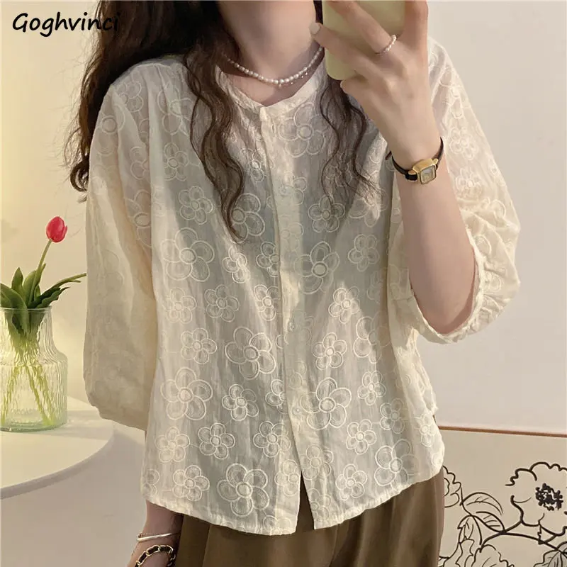 

Shirts Women Delicate Embroidery Loose Summer Graceful Lantern Sleeve Vintage Sweet Chic Gentle O-neck Aesthetic Popular