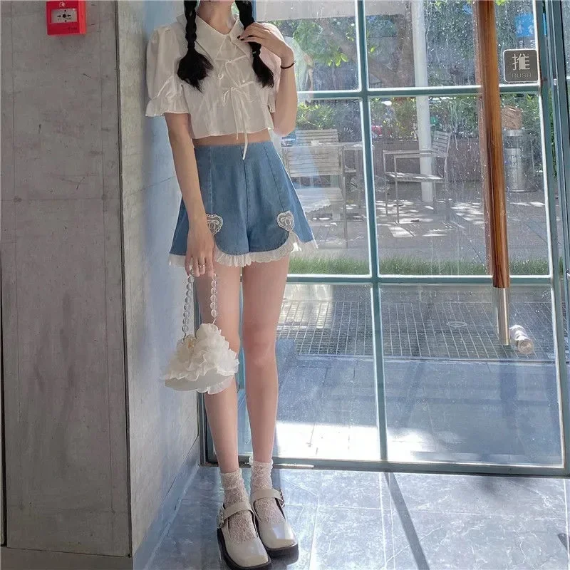 Women Summer Kawaii Sexy Blue Shorts 2023 Cute Lolita Girls Denim Shorts M-4XL Japanese Sweet High Waist Lace Irregular Bottoms