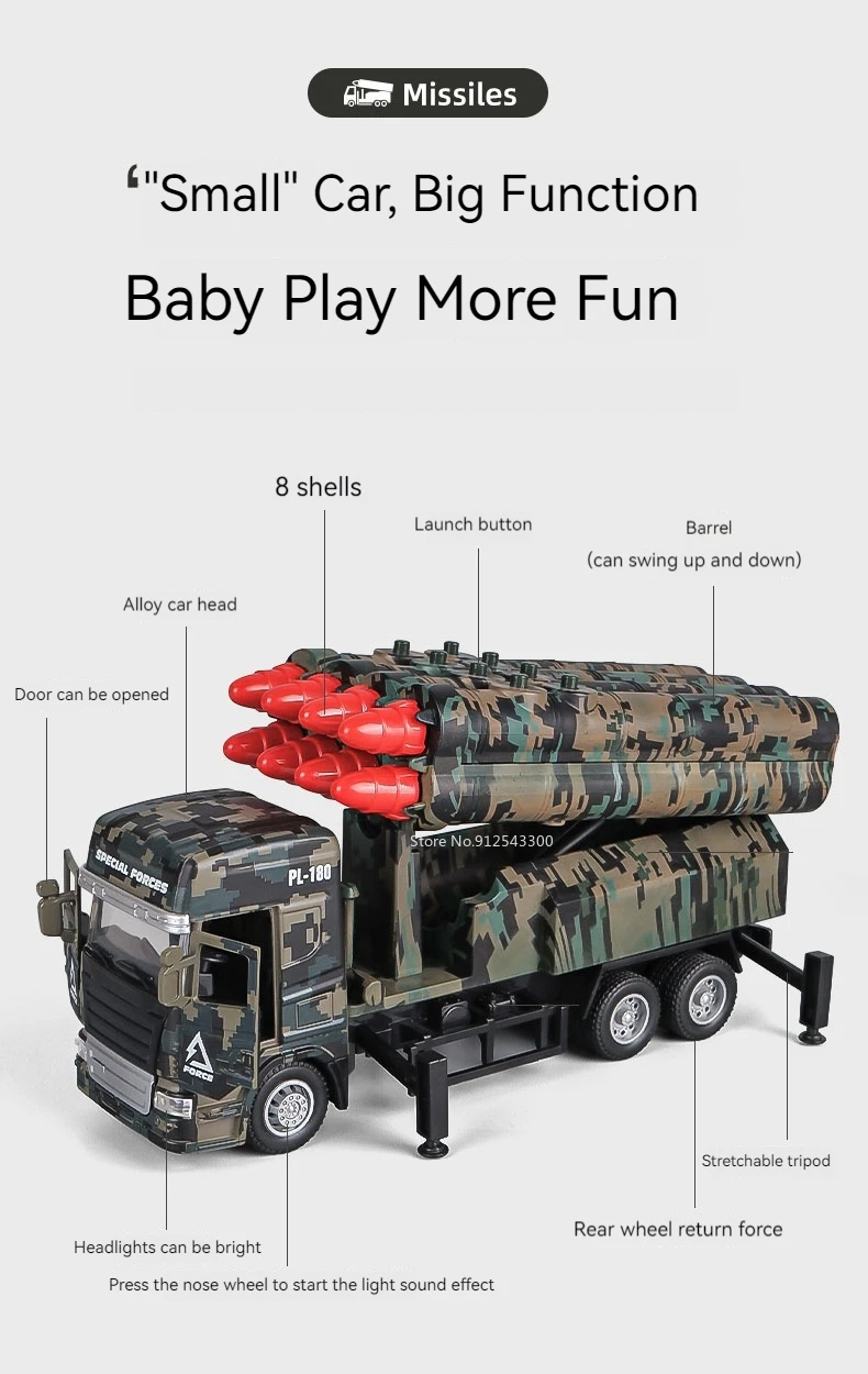1/32 Missile Rocket Launcher Model Car Toy Metal Body Rubber