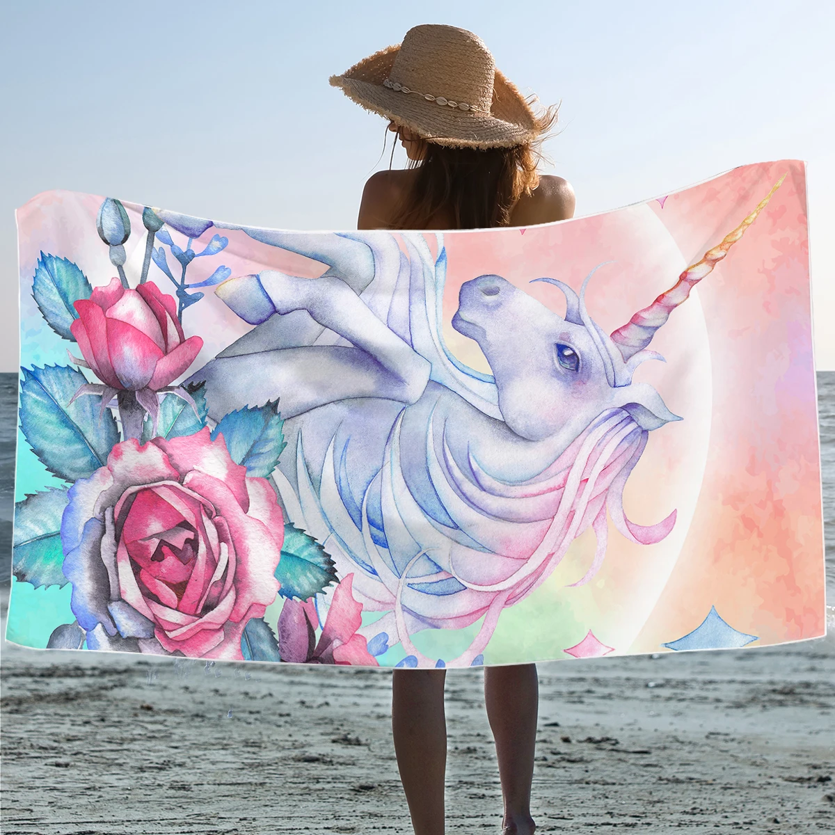 BeddingOutlet Unicorn Bath Towel Bathroom Rose Cartoon Microfiber Beach Towel Pink Floral Girly Shower 75x150cm