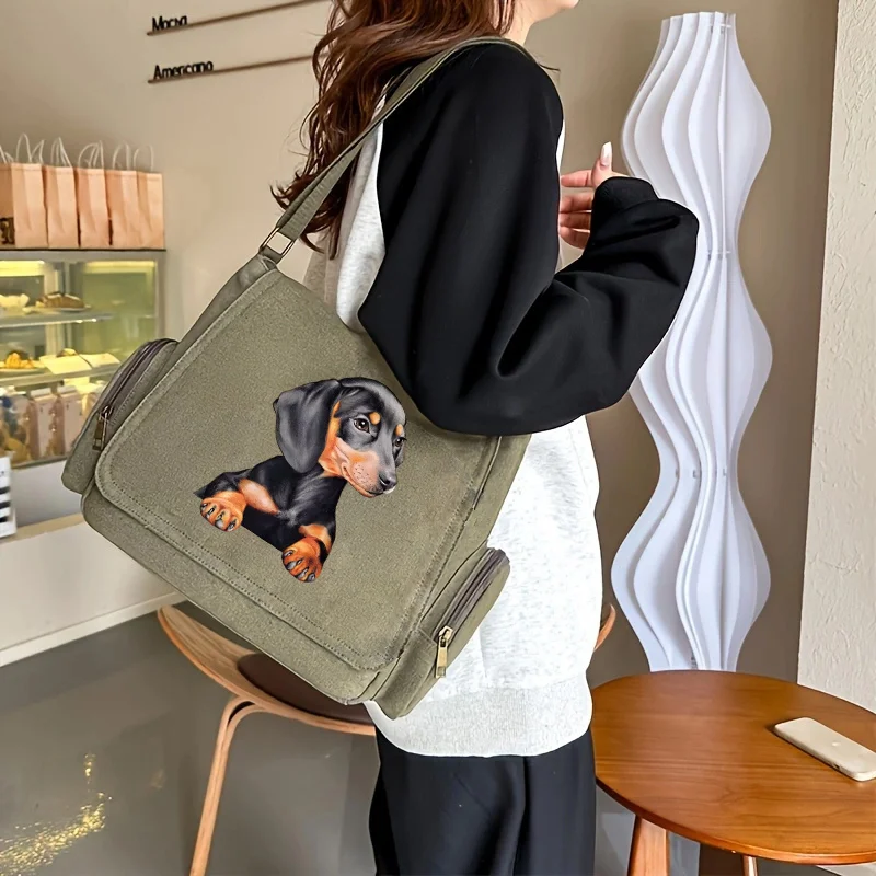Women's Large Capacity Messenger Bags Cute Dachshund Pattern Tote Crossbody Shoulder Bag For Student Go To Class