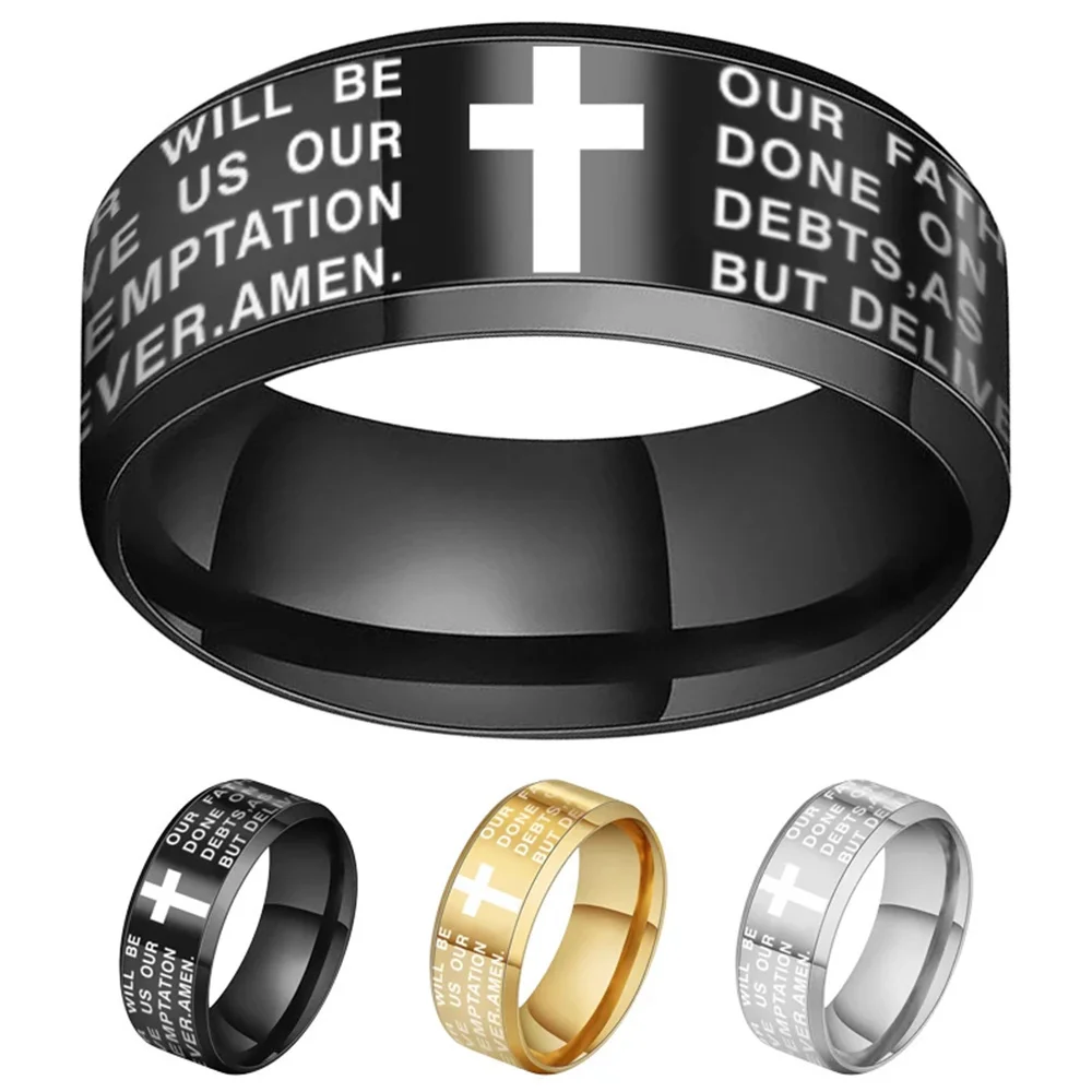 Finger Ring English Titanium Steel Christian Cross Bible Ring for Men and Women Personalized Ring Customize Engraved