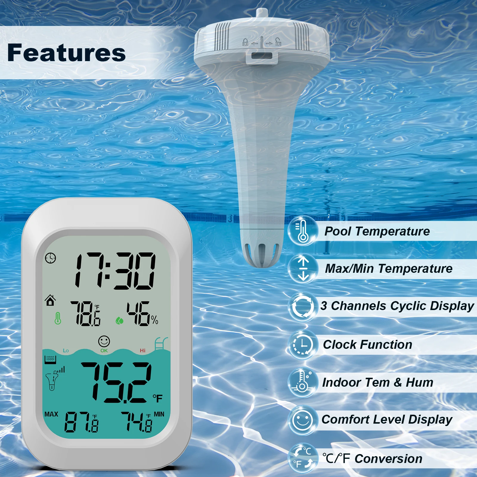 Digital Pool Thermometer 3 Channels Wireless LCD Color Display Waterproof  Floating Swimming Pool Temperature Measuring Meter