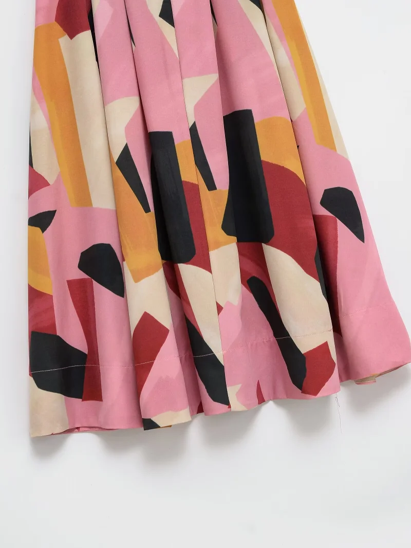 ETJ 2025 Spring new women's elegant romantic A-type color matching printed high-waist MIDI skirt