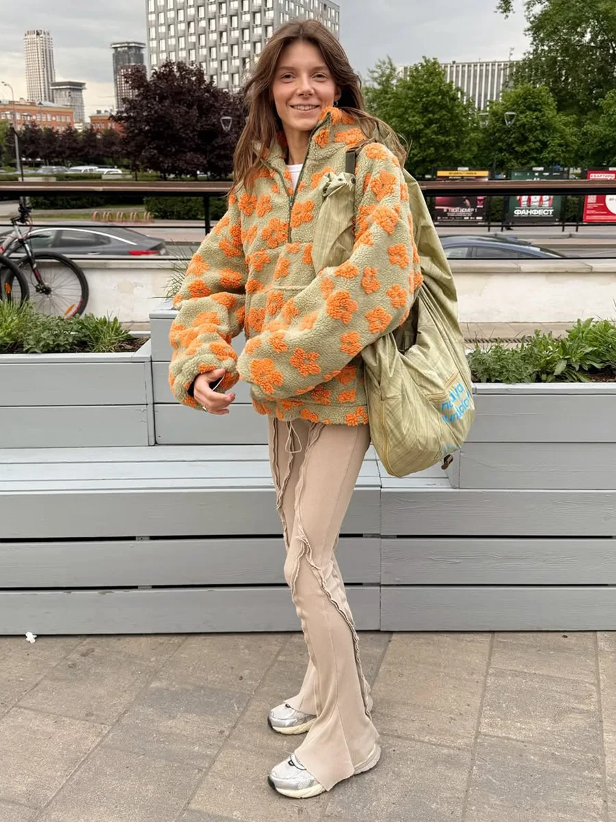 Sweat sherpa fleurs femme orange rouille doux chaud ample style cosy hiver