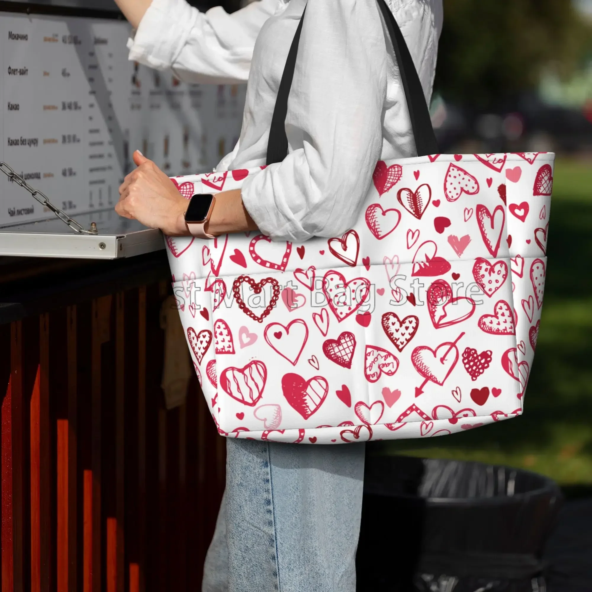 Large Beach Bags Waterproof Sandproof Pink Love Hearts Cute Beach Tote Bags for Women with Zipper for Travel Vacation Swim Gym