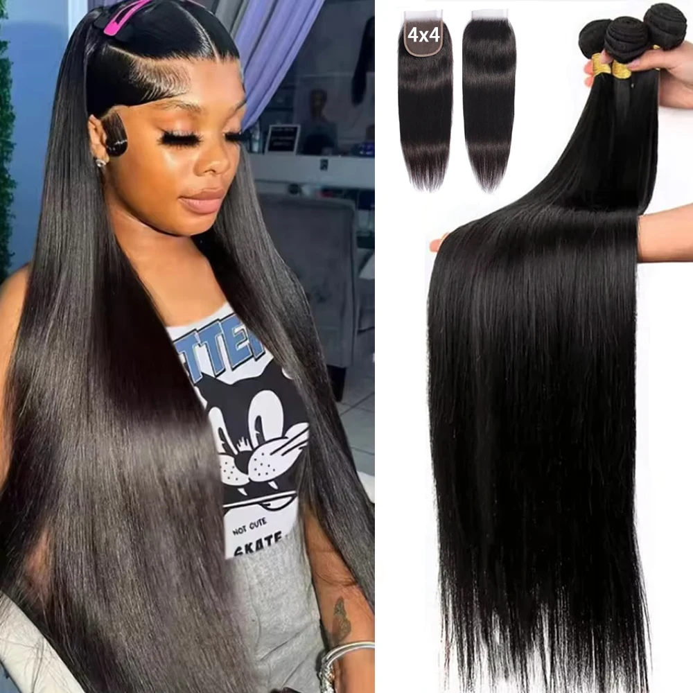 3/4 Pcs Bone Straight Human Hair Bundles With 4x4 Hd Lace Closure 40 Inch Raw Unprocessed Real Human Hair Extensions Double Weft