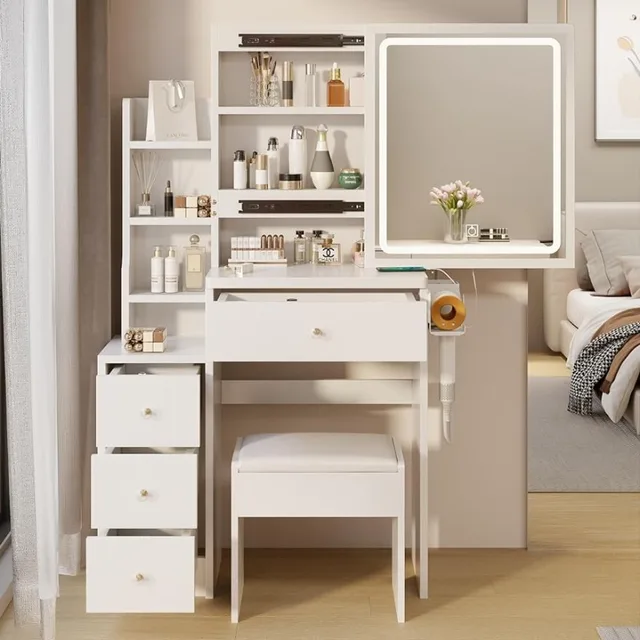 Vanity Desk With Mirror and LED Lights, 1