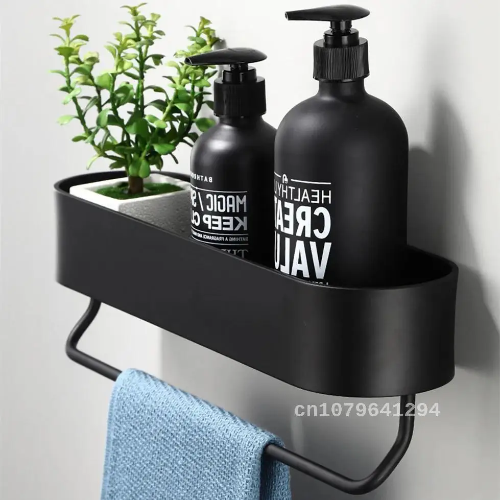 

Bath Towel Holder Bathroom Shelf Rack Kitchen Wall Shelves Black Shower Storage Basket Kitchen Organizer Bathroom Accessories