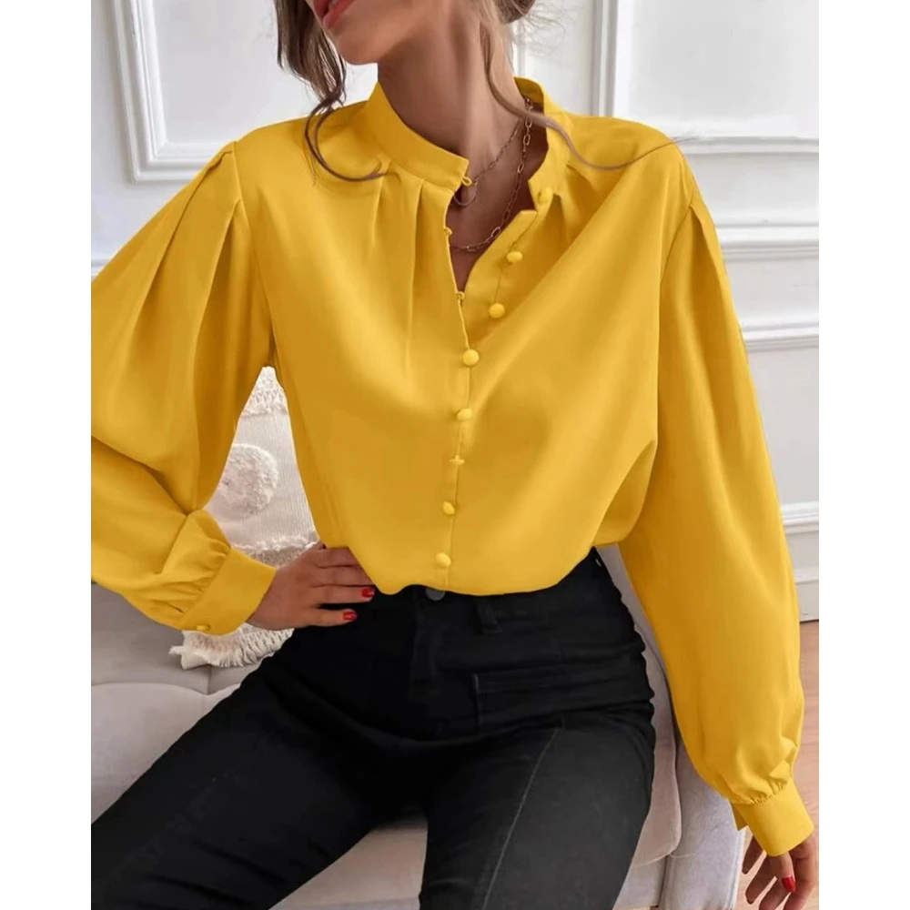 Women Spring Button Front Mock Collar Lantern Sleeve Blouse Top Femme Office Lady Elegant Ruched Long Sleeve Top y2k Workwear women workwear spring summer stripe blue blazers shorts two piece set korean office lady graceful suit coat pants outfits 2023