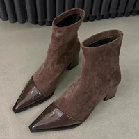 Women's New Autumn Chunky Single Boots Pointed Suede Splicing Anti-slip Wear-resistant Ankle Boots - Image 3