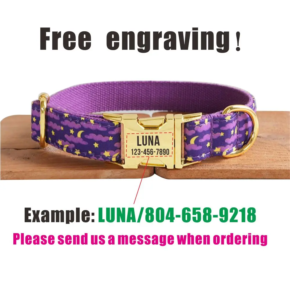 Personalized Dog Collar with Free Engraving Matching Pet Leash Customzied Contacts Metal Buckle Purple Moonlit Night Collar dog collar pet leash set dog traction rope dog seatbelt leash