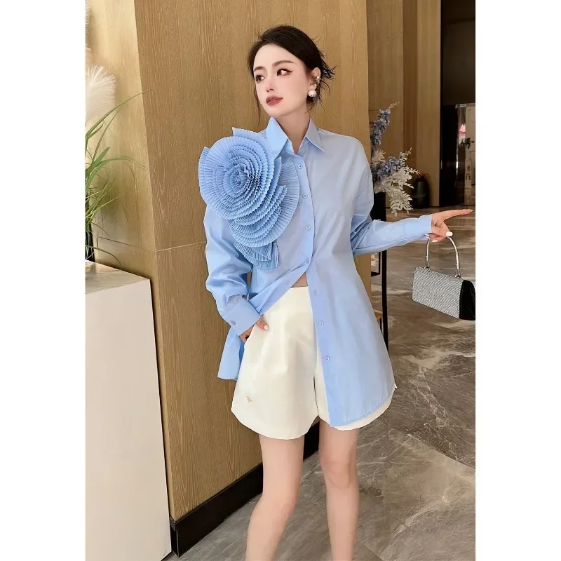 Pleated Three-dimensional Big Flower Women Blouses Long Sleeve  2024 Chic Lapel Solid Color Ladies' Shirt