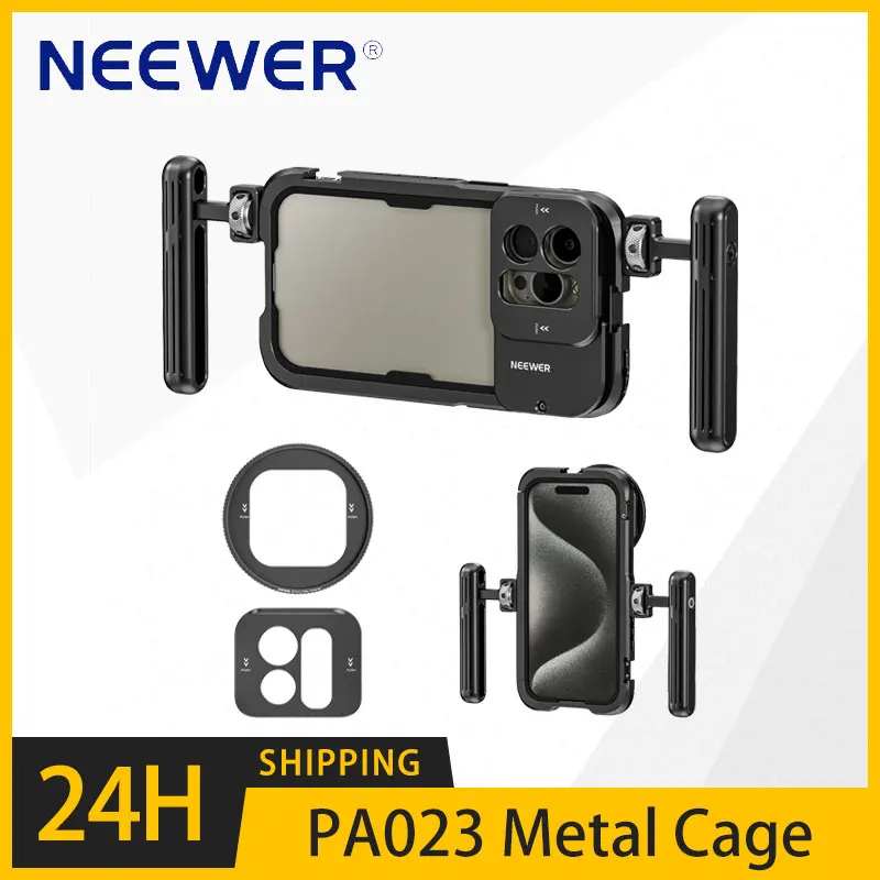 

NEEWER PA023 Metal Cage For iPhone 15 Pro/ Pro Max Dual Handles Phone Cage Video Rig with 67mm Filter Adapter 17mm Lens