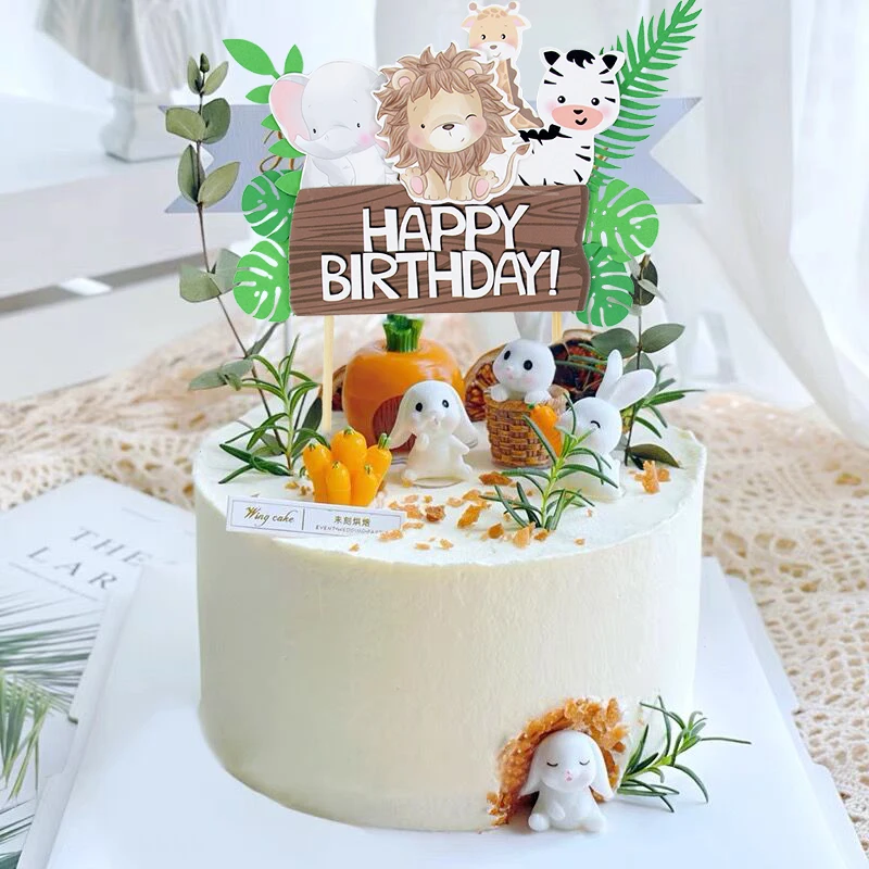 Forest Cartoon Animal Cute Green Leaf Cake Topper Children Birthday Theme Party Lion Giraffe Elephant Monkey Cupcake Insert Card