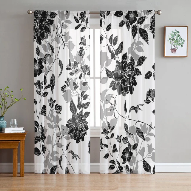 Cortinas con estampado de flores blancas y negras, tul transparente,  decoración del hogar, sala de estar, dormitorio, Cortinas de gasa para  ventana - AliExpress