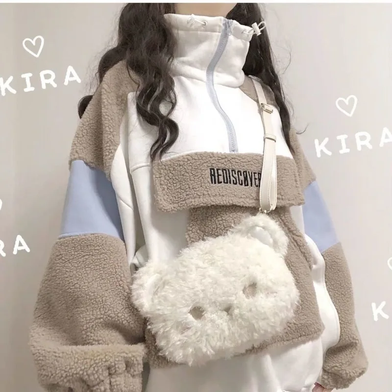 

Autumn And Winter Female Students Korean Version Of Loose Plus Velvet Thick Stitching Sweater Coat Y2K Cute Wind Casual Coat