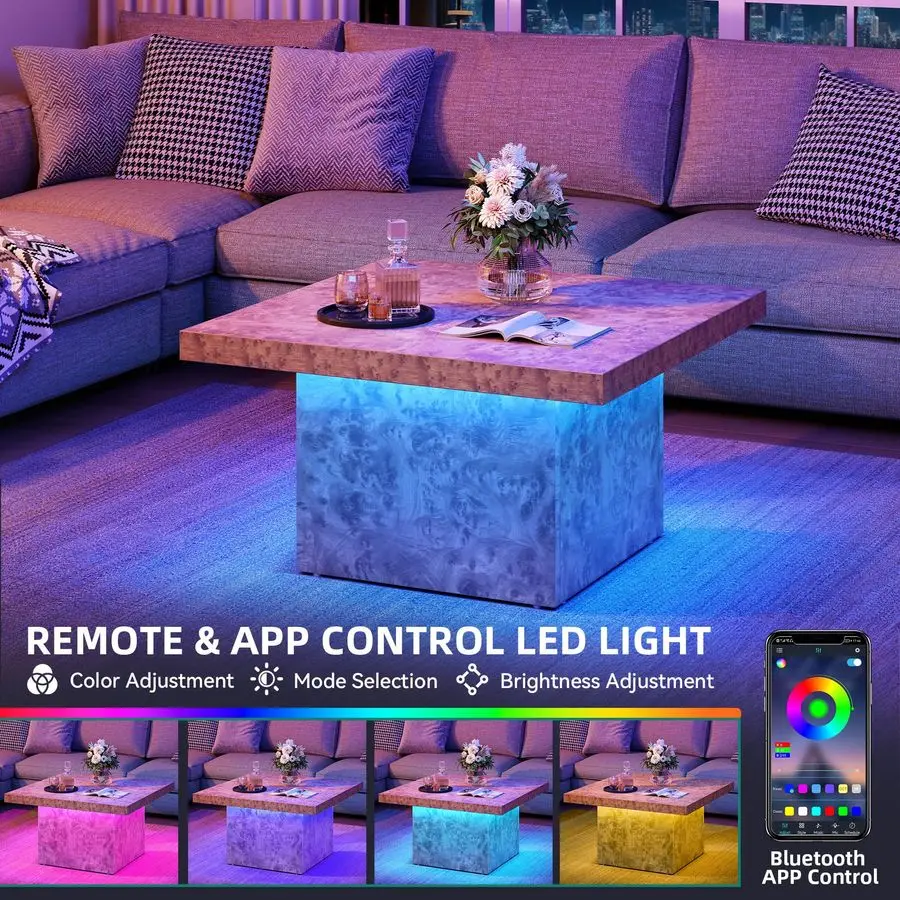 Coffee Table Square LED Coffee Table, Burl Wood Grain Tea Coffee Tables for Living Room Apartment, Modern Wooden Center Table f