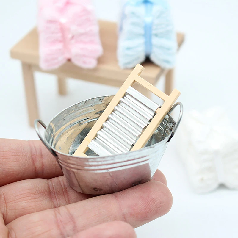 1Set 1:12 Dollhouse Miniature Washboard Iron Bucket Bathroom Furniture Model DIY Doll House Accessories For Kid Pretend Play Toy