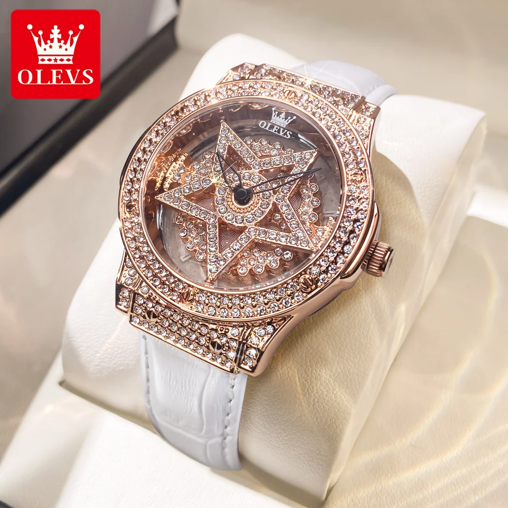 OLEVS Diamond Watch for Women Waterproof Breathable Leather Strap Female Pentacle Snowflake Rotates the Dial Luxury Quartz Watch