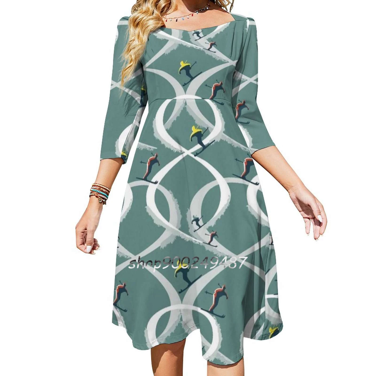 Mid Century Figure 8 Skiers In Retro Style On Teal Evening Party Dresses Midi Sexy Dress Female Sweet One Piece Dress Korean Aliexpress