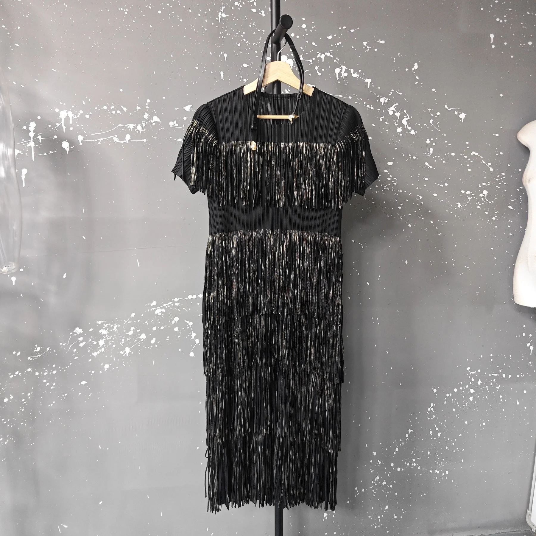 LANMREM Pleated Tassel Patchwork Deisn Summer Dress For Women 2025 New Round Collar Short Sleeve Slim Fit Dresses Chic 2DB2847 - Image 6