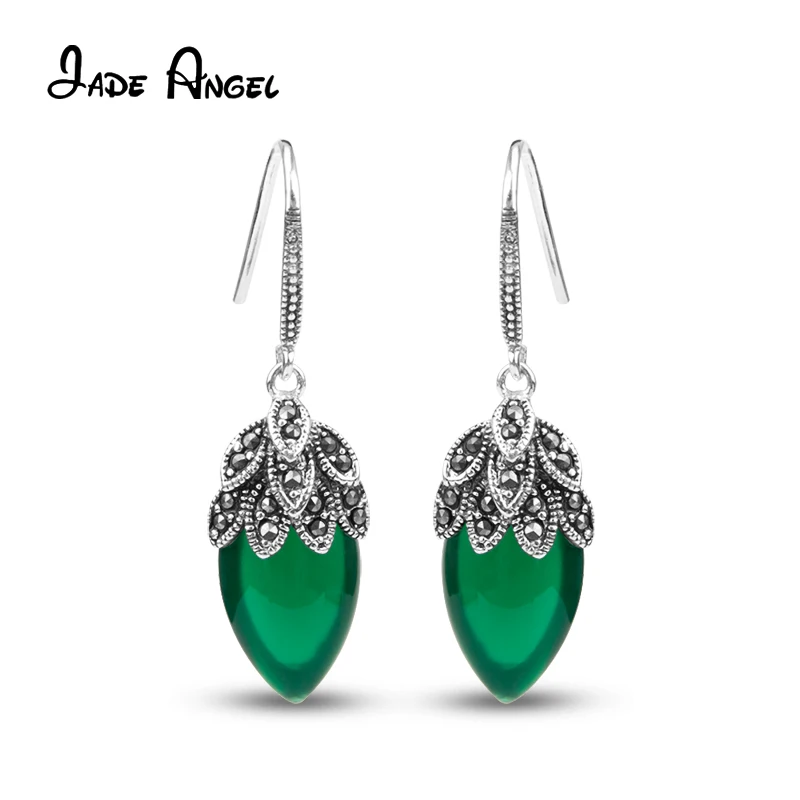 

Jade Angel Vintage Style 925 Sterling Silver Marcasite Green Chalcedony Stone Drop Dangel Earrings Design Jewelry Brand Earring