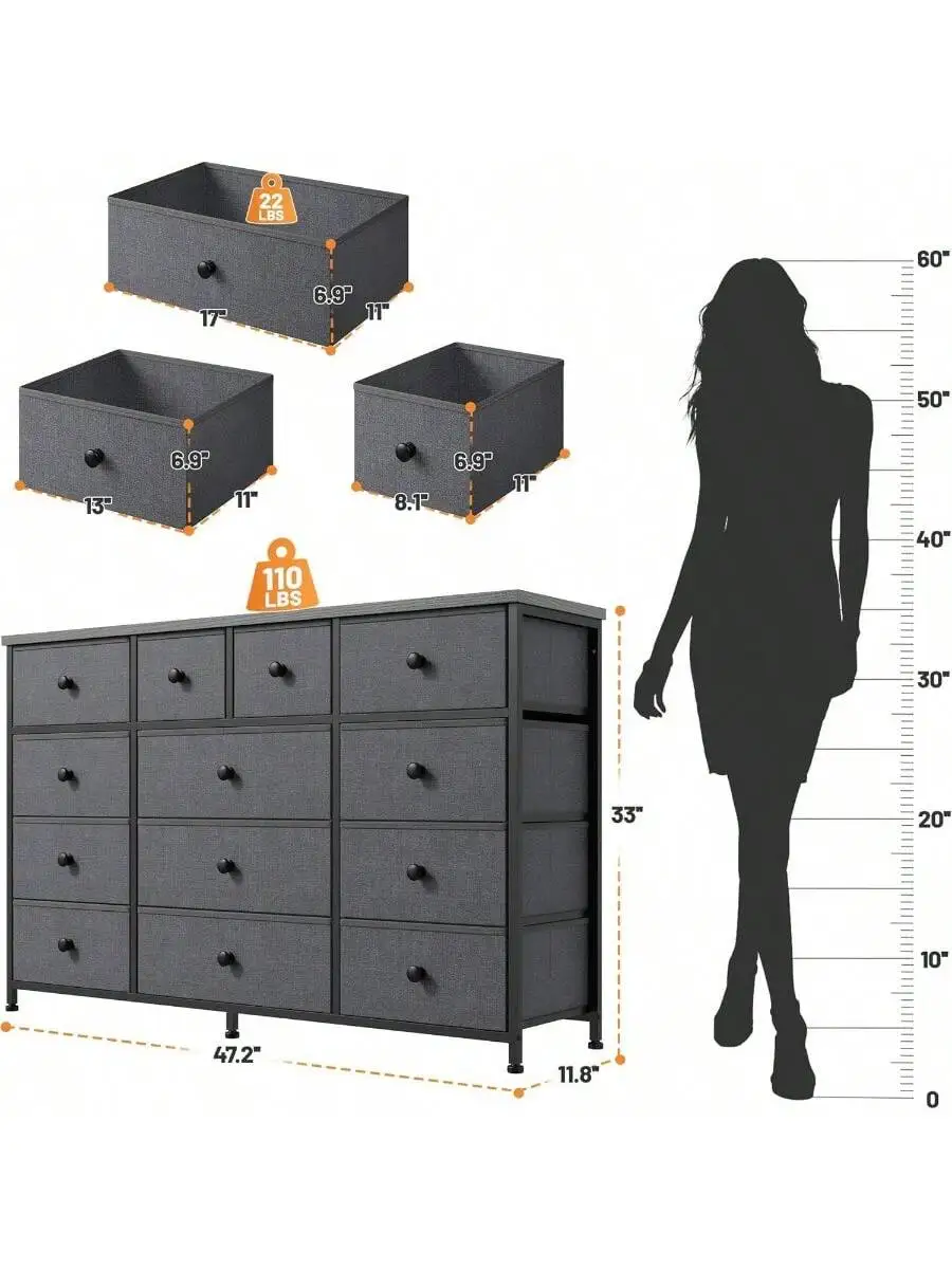 Dresser for Bedroom 47.2" W Dresser Organizer with 13 Drawers Fabric Dressers and Chest of Drawers for Closet Entryway S 3