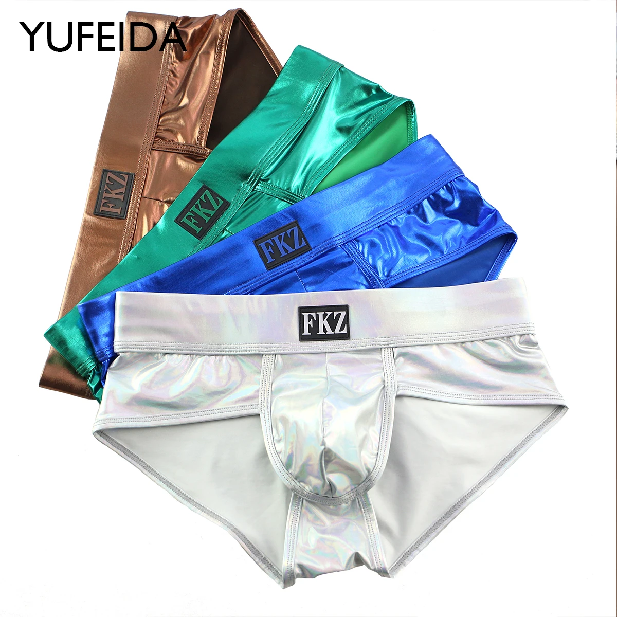 

YUFEIDA 1/4pcs Mens Sexy Shinny Leather Underwear Boxers Shorts Gold Silver BoxerShorts Men U Convex Low Waist Panties Underpant