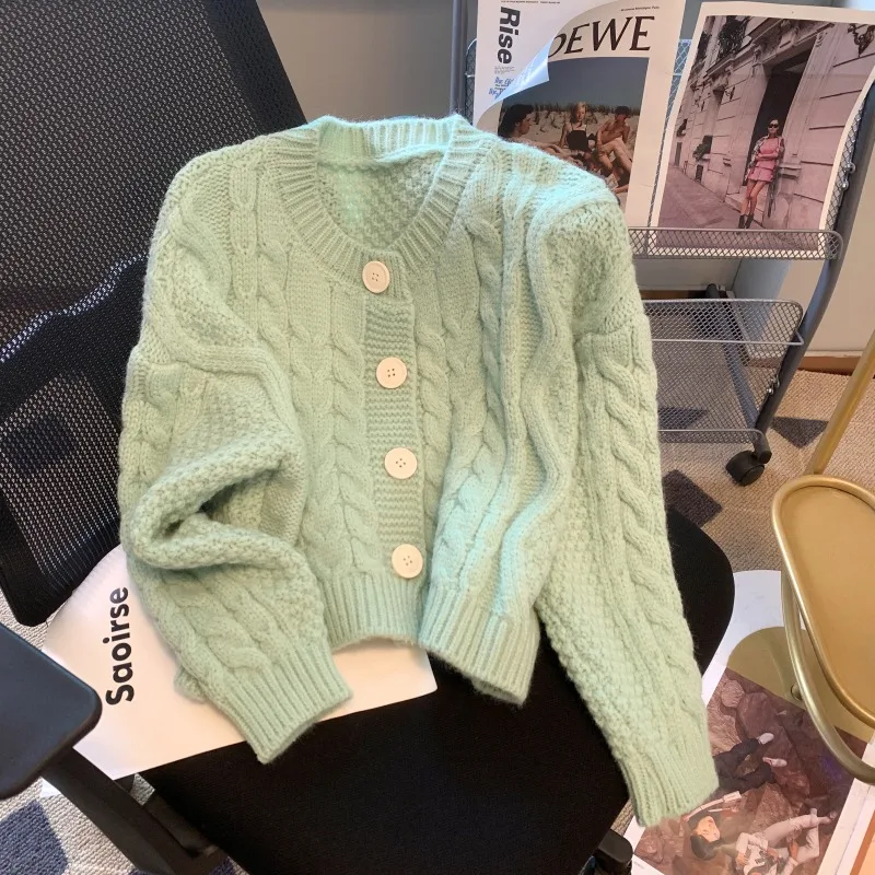 

Single Breasted Cardigan For Women Autumn Winter 2023 Stylish Long Sleeve Knitted Cardigan Chic Casual V Neck Twist Sweater Coat