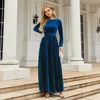 Elegant Temperament Velvet Pleated Long Dress Women Solid Color Long Sleeve High Waist Belt Party Maxi Dresses Evening Vestidos 3