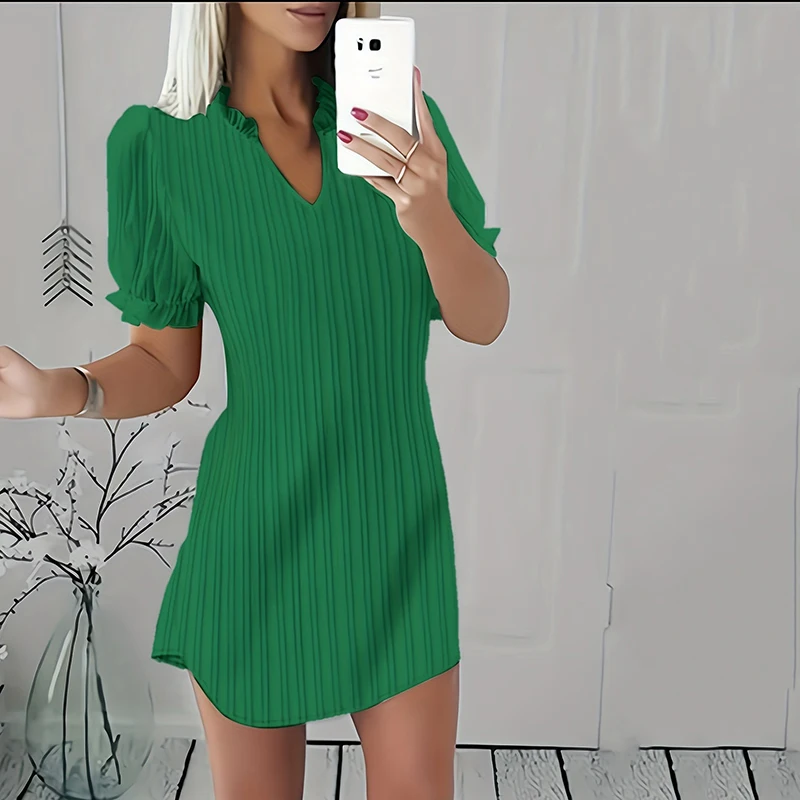 

Spring Summer New Mini Dress Women Short Sleeve V-neck Solid Ruffle Fashion Elegant Loose Casual Commute Female A-line Dress