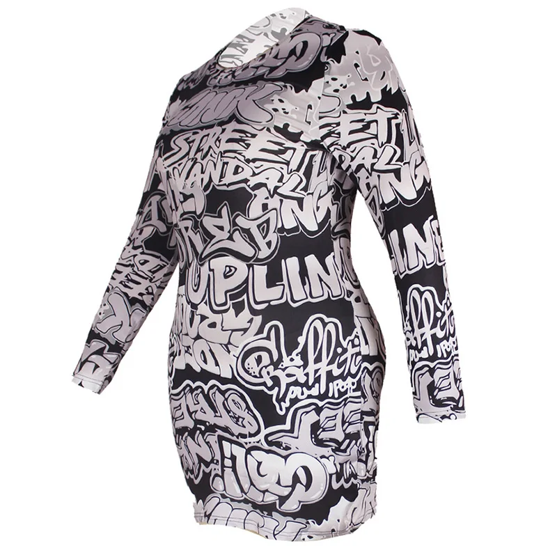 Elegant Letter Printing Long Sleeve Knee-Length Skirt Fashion Spring Summer Round Neck Black and White Plus Size Dress for Women