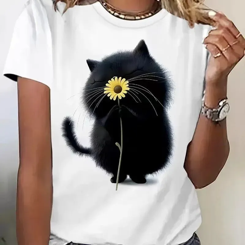 Women's T Shirt Tee Cat Daily Weekend Black Print Short Sleeve Fashion Funny Round Neck Regular Fit Summer