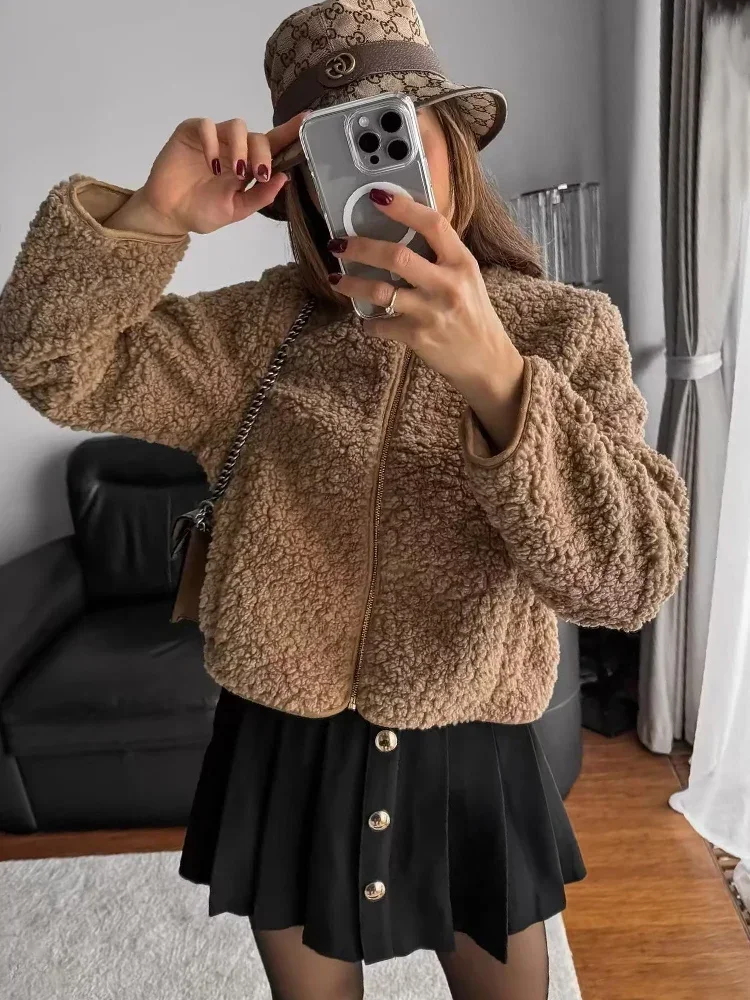 O-Neck Women's Winter Fleece Jackets for Women 2023 Front Zipper with Pockets Coats Female Long Sleeve Warm Outerwear