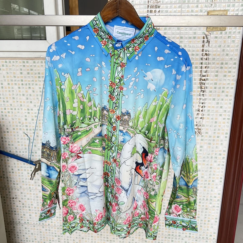 

2023 New Casablanca Shirt Pool White Swan Print Hawaiian Vacation Casual Loose Couple Men Women Long Sleeved Shirts