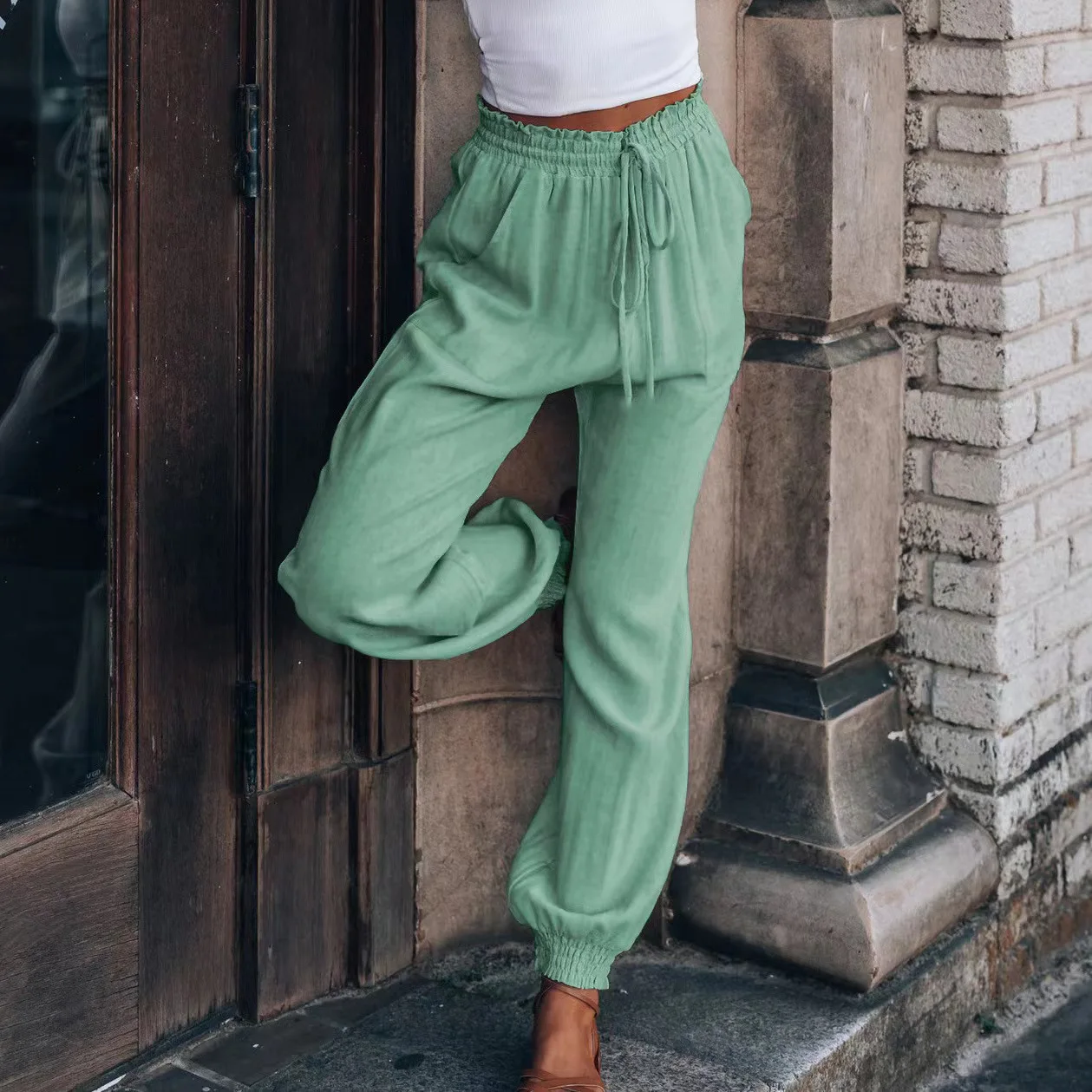 Women's Solid Color Rayon Comfortable Casual Pants Fashion Drawstring Elastic Waist Haren Pants
