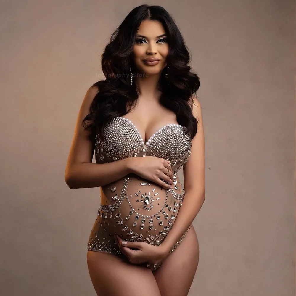 Offthe Shoulder Rhinestone Maternity Bodysuit For Photo Shoot Crystals Stretchy Pregnancy