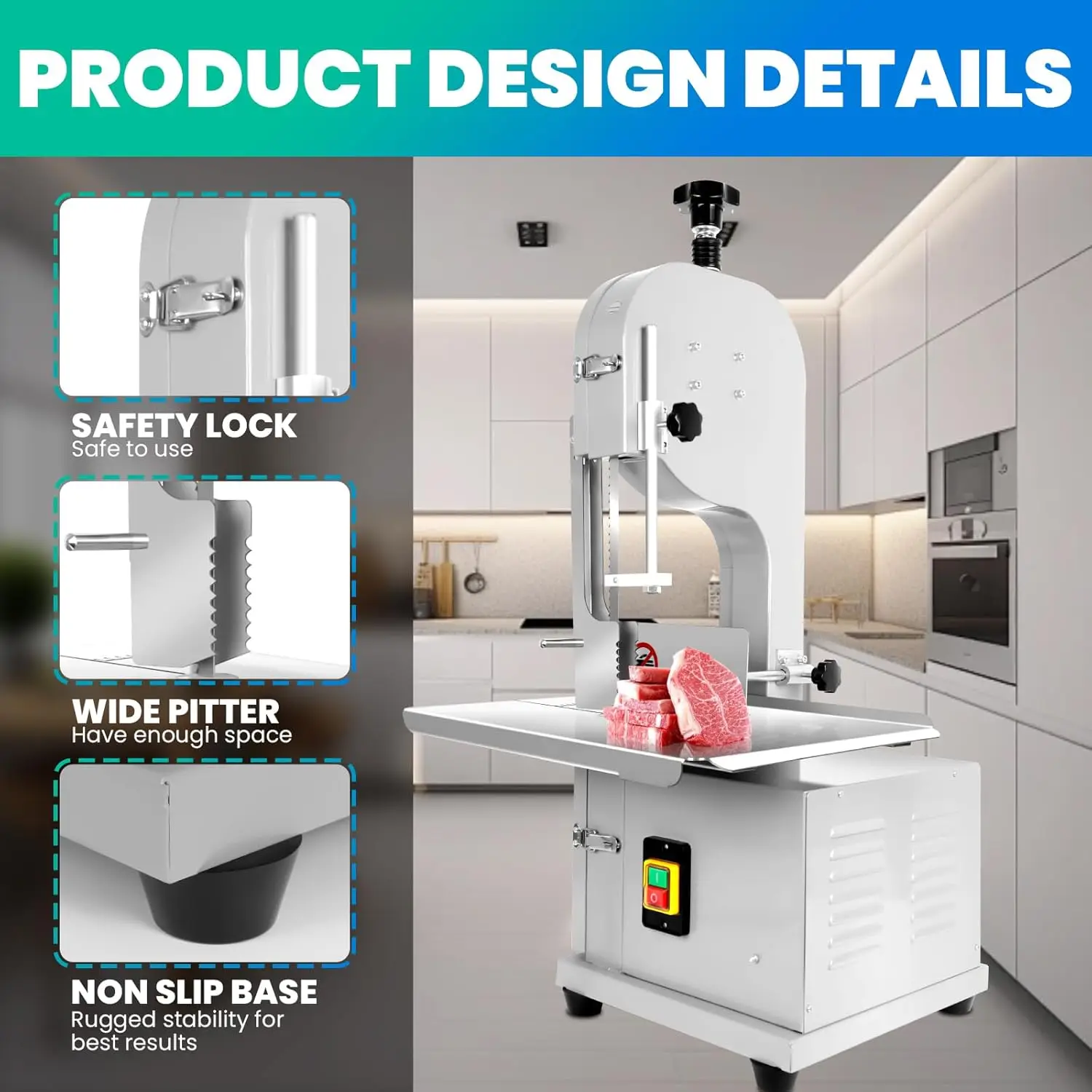Electric Meat Bandsaw,1500W Metal Bone Cutter Commercial Meat Cutter Machine,Stainless Steel Countertop Meat Bone Cutter With 8 6