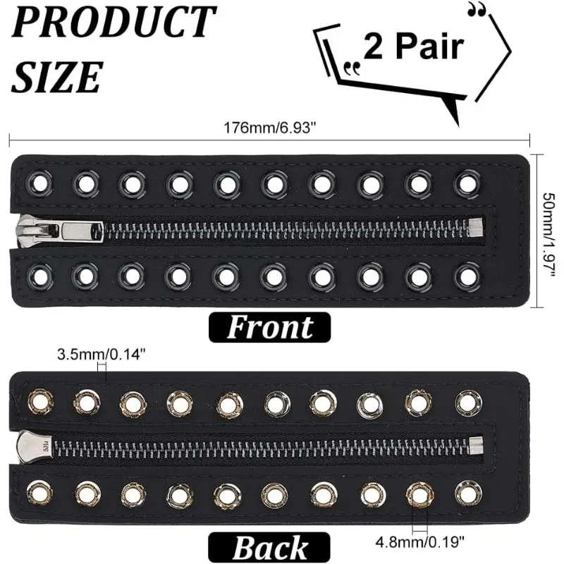 2 Pairs Leather Lace-in Boot Zipper Inserts 6.9 x 2 Inch Eyelets Zipper Boot Laces 10 Holes No Tie Shoe Laces for Adults Men