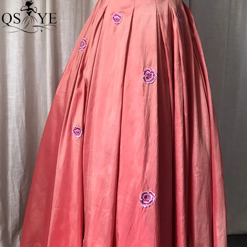 Puffy A line Pink Prom Dresses Embroidery Flower Peach Evening Gown High Neck Open Back Party Gown Box PleatVintage Taffeta Gown plus size prom dresses