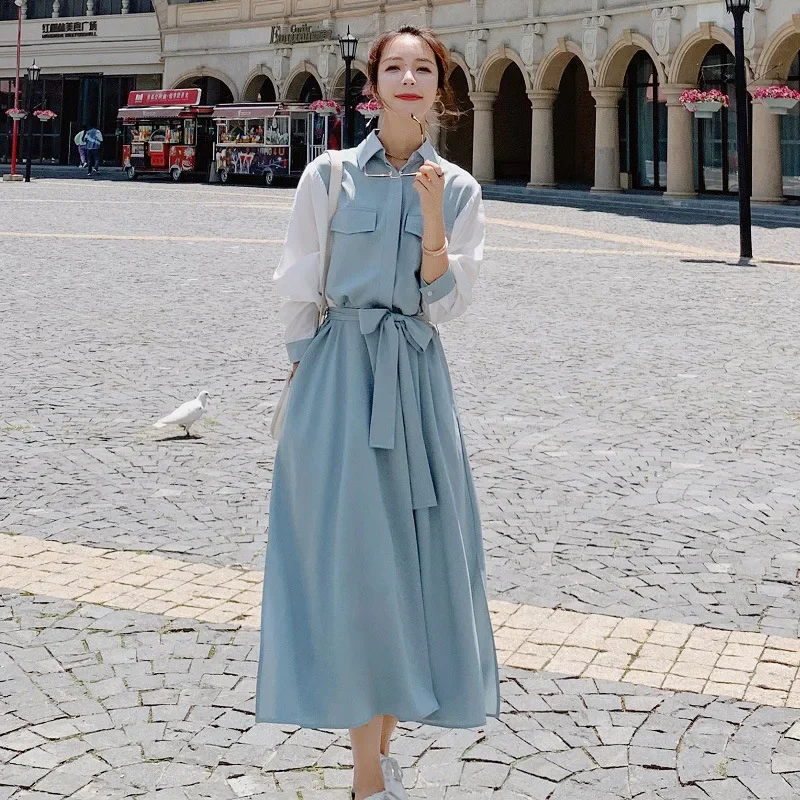 

Urban Women Elegant Chiffon Long Sleeve Dresses Spring Autumn Fashion High Waist Knee-Length Dress with Sashes Casual Streetwear