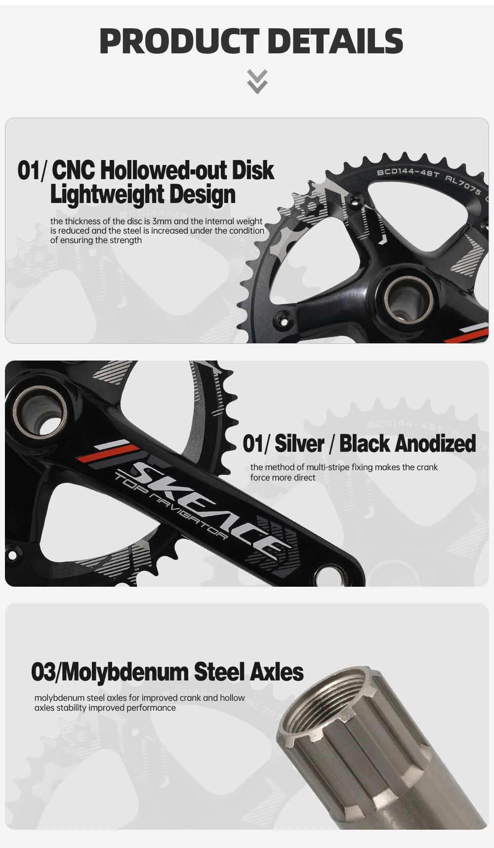 Description Picture 5 of itemSKEACE High Strength Aluminum Alloy Fixed Gear Crank 48T 3D Density Forging Integrated Crankset 144BCD BMX Racing Bicycle Part