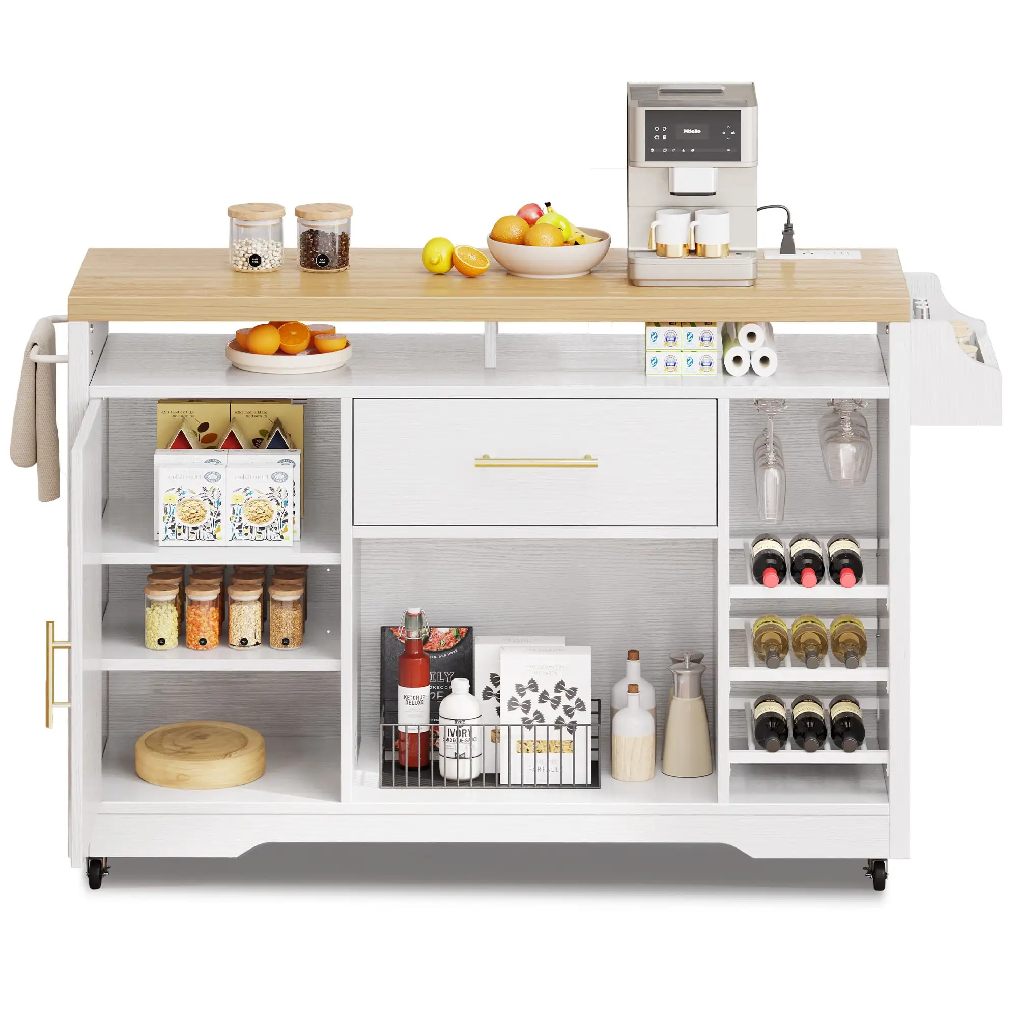 Kitchen Island with Power Outlet Wheels, Rolling Kitche Cart with Wine Rack, Mobile Storage Islands with Spice Rack Glass Holder 2