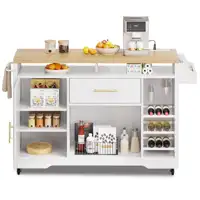 Kitchen Island with Power Outlet Wheels, Rolling Kitche Cart with Wine Rack, Mobile Storage Islands with Spice Rack Glass Holder 2