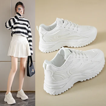 White Sneakers Women 2024 New Leather Chunky Sneakers Women's Sports Shoes Thick Tennis Vulcanized Shoes Basket Platform Shoes 1