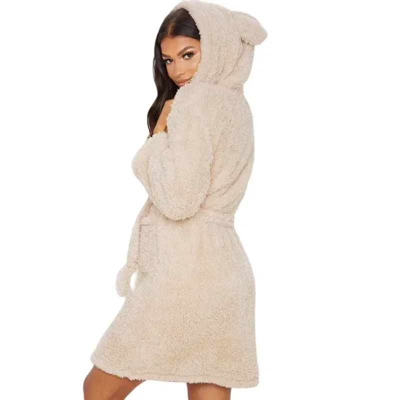 Women Long Sleeve Kawaii Sweet Hooded Pink Khaki Casual Fashion Overcoat Y2k Autumn Winter Cute Ear Furry Coat Lazy Loose Jacket