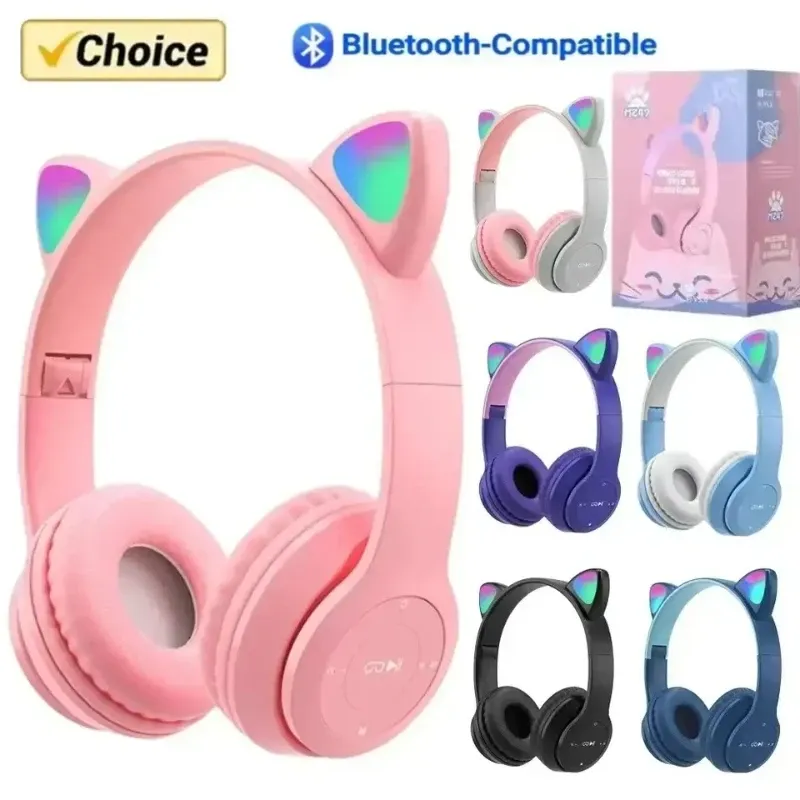 P47M Wireless Headphone Cute Cat Ear Bluetooth Compatible Headset LED Children Stereo Folding Sports Headset with Microphone