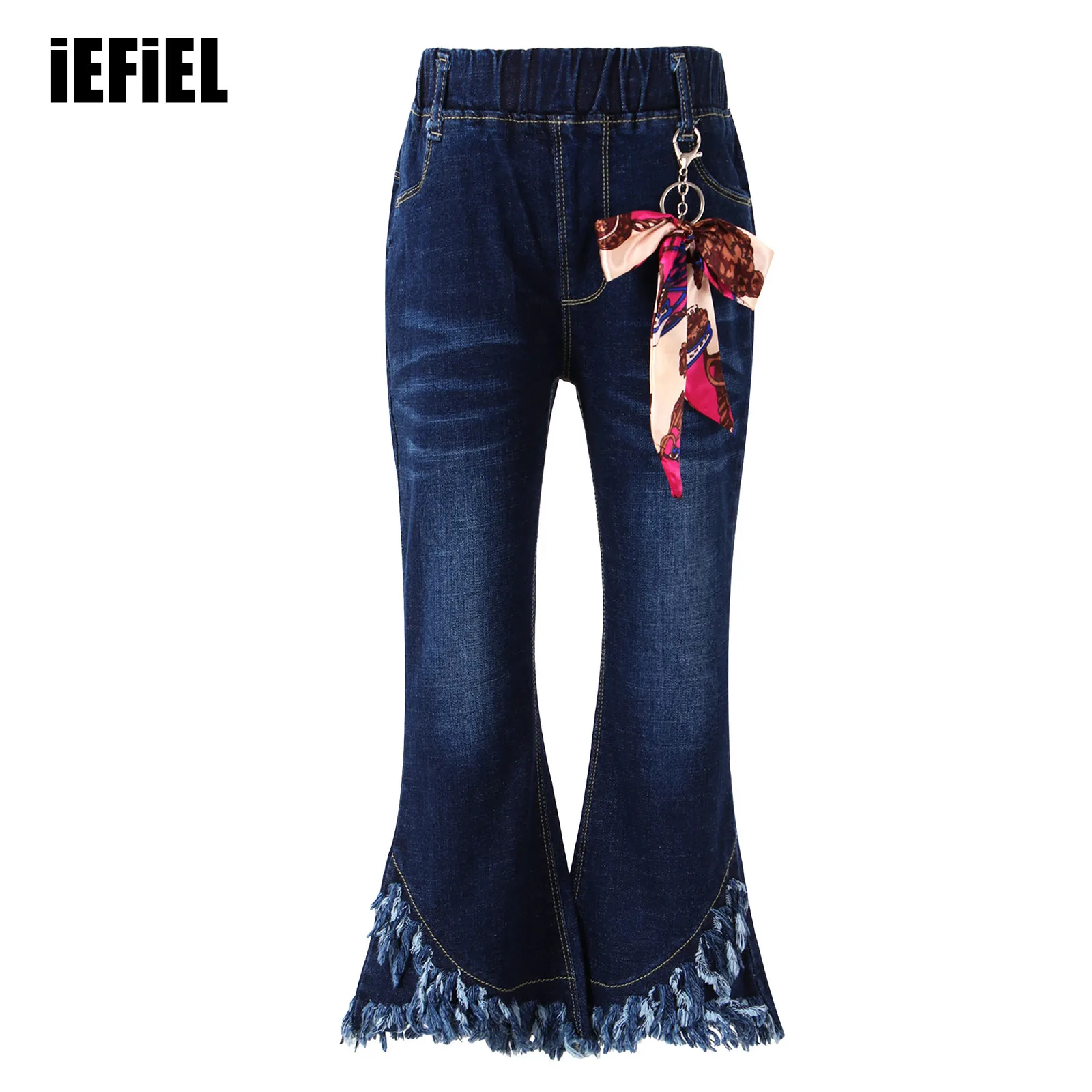 

Kids Girls Decor Tassel Hem Denim Long Pants Bell-bottom Style Stylish Clothing Elastic Waistband Bowknot