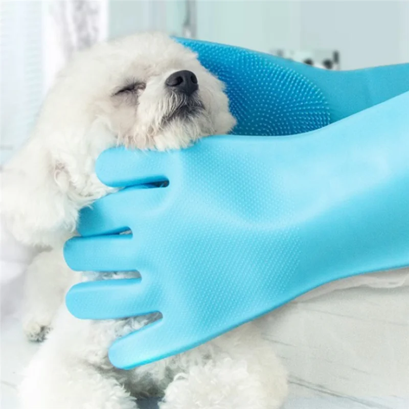 Dishwashing Gloves Pet Bath Massage Hair Removal Gloves Sky Blue & Pink Silica Gel For Washing Dishes,Reusable